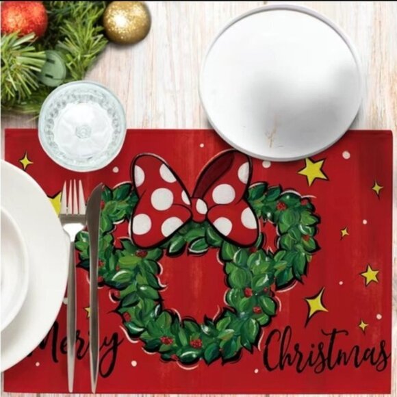 Minnie Mouse Holiday Placemats Disney Cartoon Christmas Wreath Festive Red NEW - Picture 2 of 16